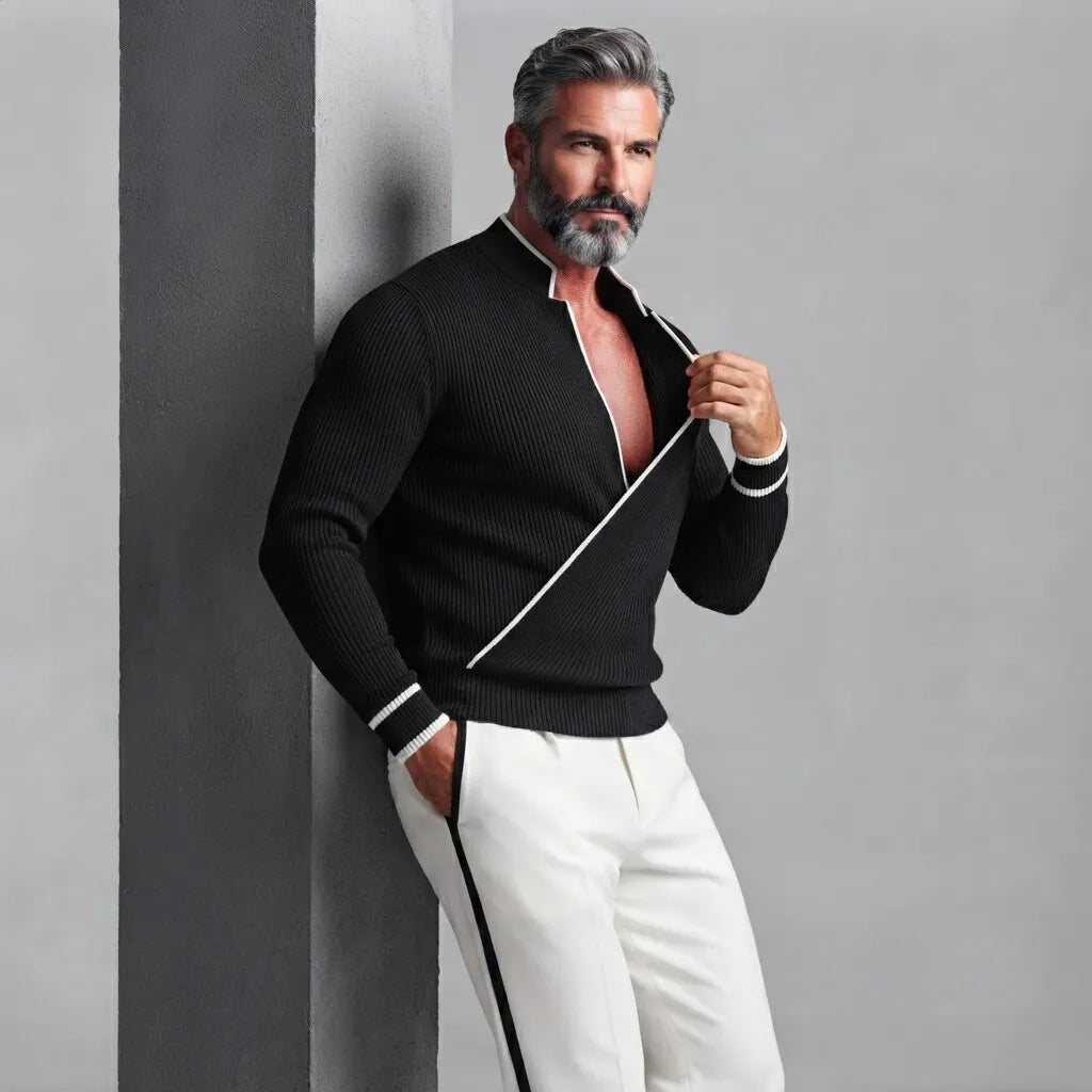 Men's Black Ribbed Knit Stand Collar Contrast Piping Slim Fit Wrapped Sweater