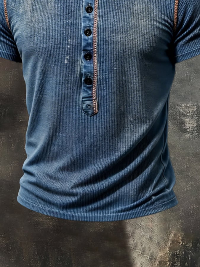 Men'S Retro Pure Cotton Washed Distressed Color-Blocked Henley Collar Short-Sleeve Top