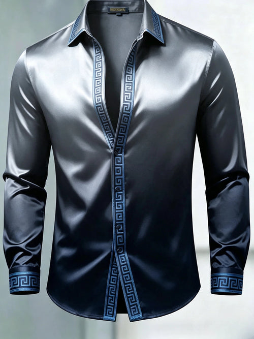 Men's Luxury Glossy Satin Long Sleeve Gradient Silver Dress Shirt