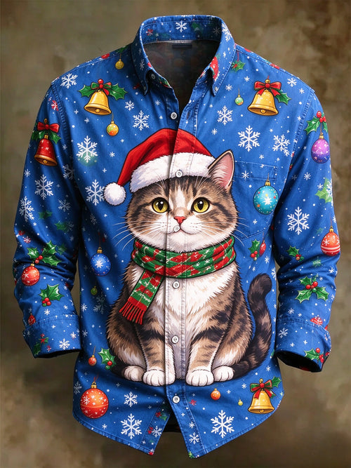 Men's Christmas Cat Santa Hat Long Sleeve Button Up Holiday Shirt