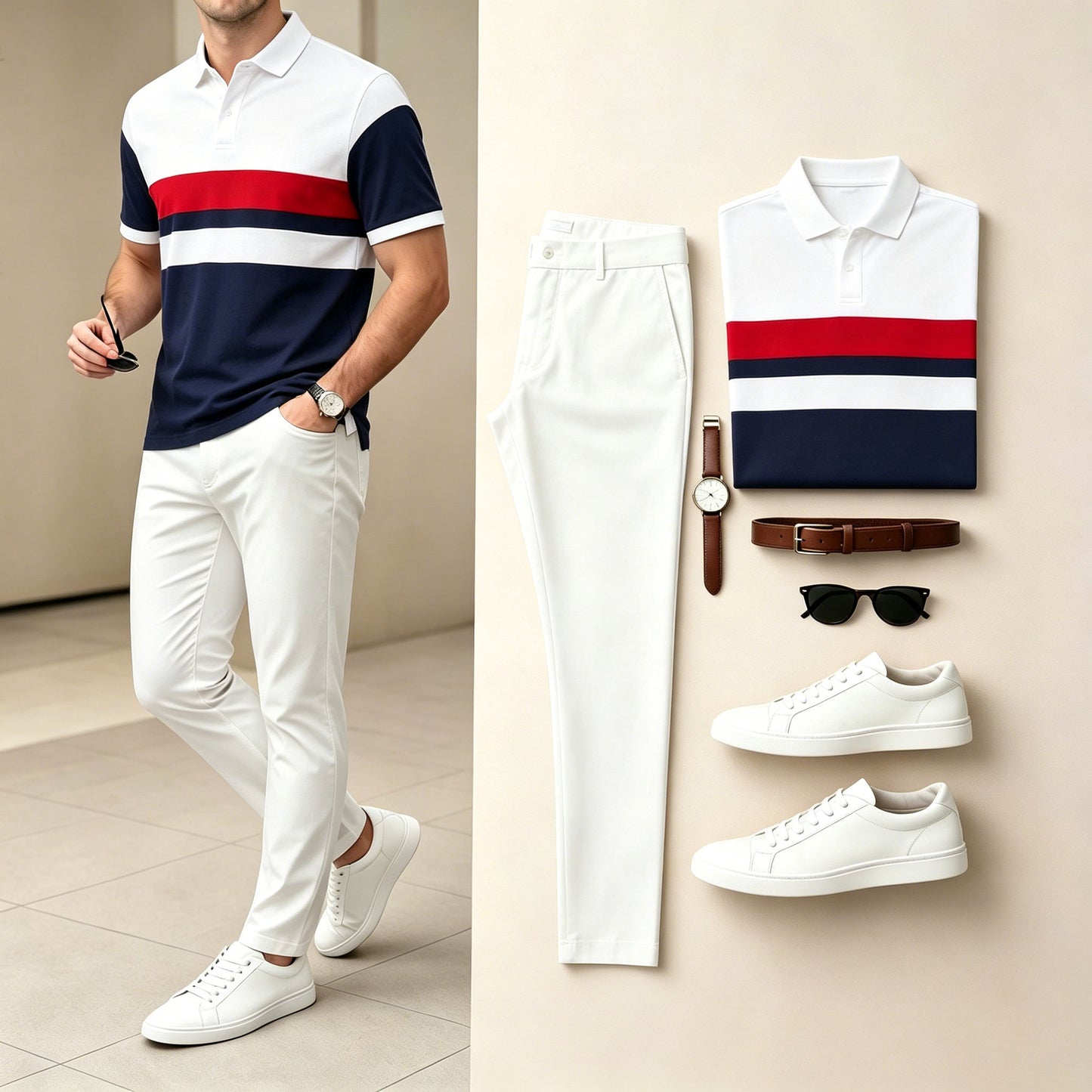 Men's White & Navy Color Matching Geometric Printed Short Sleeves Polo Shirt & Pants Two-Piece Set