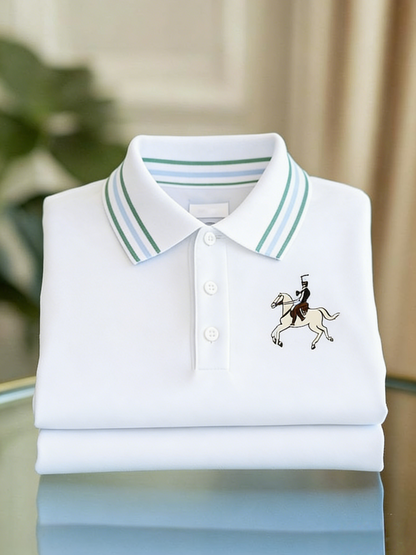 Men's Classic Business Check Logo Button Short Sleeve Polo Shirt