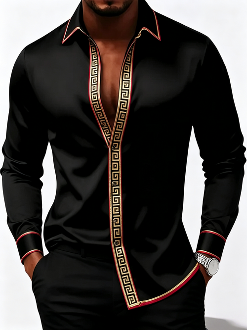 Men's Black Satin Luxury Party Long-Sleeve Shirt