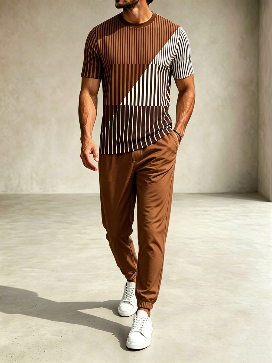 Men's Casual Coffee & White Color Matching Geometric Printed Round Neck T-Shirt & Pants Two-Piece Set