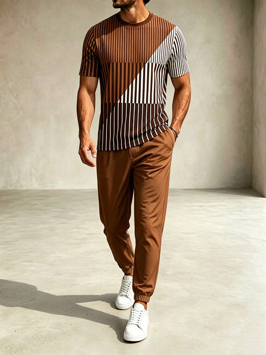 Men's Casual Coffee & White Color Matching Geometric Printed Round Neck T-Shirt & Pants Two-Piece Set