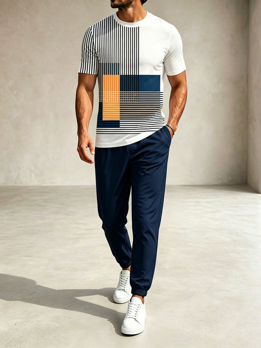 Men's Casual White & Navy Color Matching Geometric Printed Round Neck T-Shirt & Pants Two-Piece Set