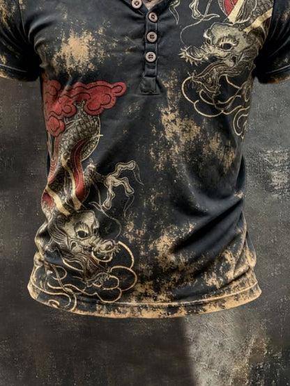 Men's Retro Print Color Block Double-Layer V-Neck Short-Sleeve Top