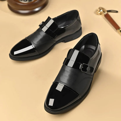 Men's Business Patent Leather Shine Cap Toe Metal Buckle Slip On Monk Loafers Dress Shoes