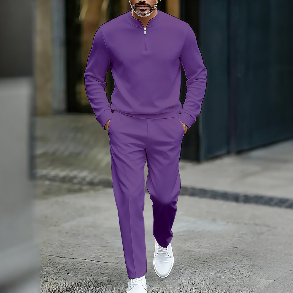 Men's Casual Solid Color Round-Neck Zipper Long Sleeved Trousers Two-Piece Set