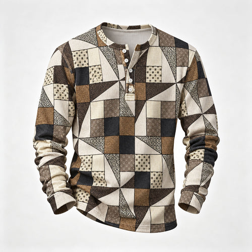 Men's Printed Henley-Neck Long-Sleeve Shirt