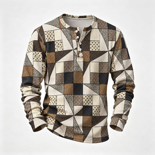 Men's Printed Henley-Neck Long-Sleeve Shirt