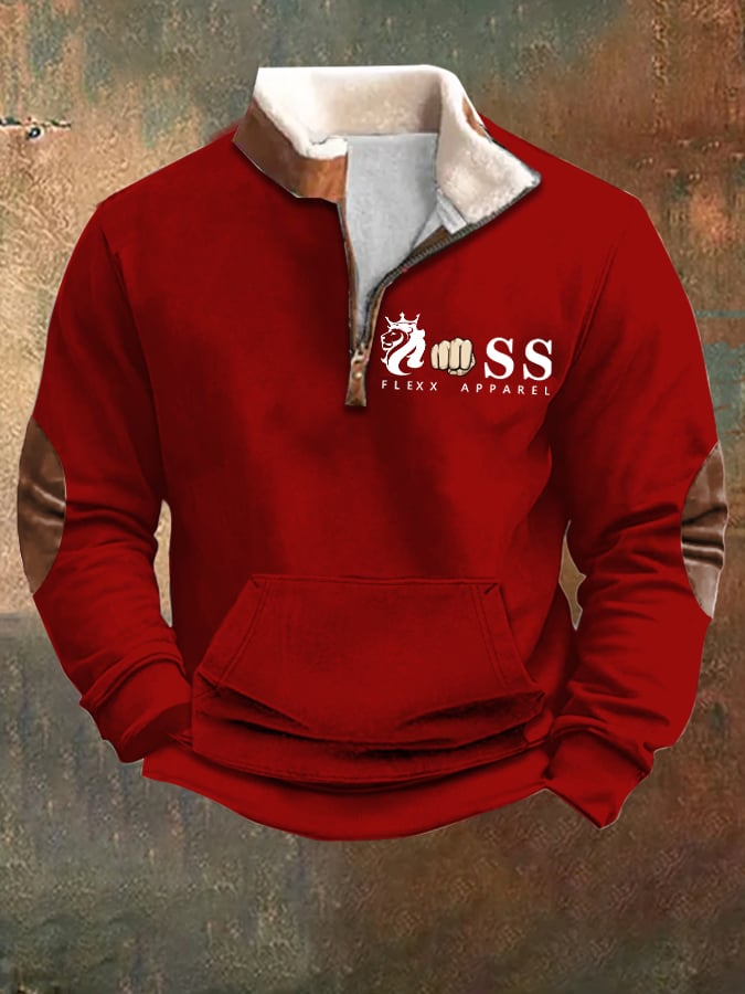 Men's Vintage Letter Design Printed Plush Stand Collar Zipper Sweatshirt