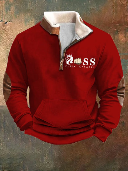 Men's Vintage Letter Design Printed Plush Stand Collar Zipper Sweatshirt