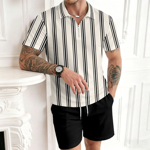 Men's Casual Black & White Stripes Color Matching Printed Short Sleeved Zipper Polo Shirt & Shorts Two-Piece Set