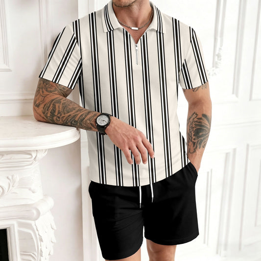 Men's Casual Black & White Stripes Color Matching Printed Short Sleeved Zipper Polo Shirt & Shorts Two-Piece Set