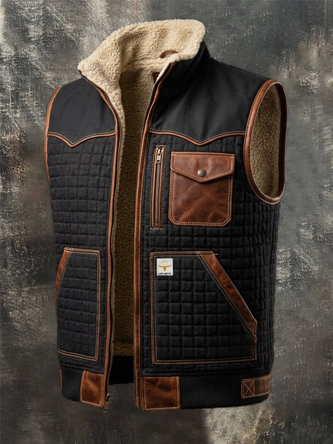 Men's Vintage-Style Textured Jacquard Knit & Leather-Panel Outdoor Warm Hooded Vest