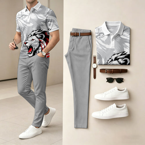 Men's Animal-Print Short-Sleeve Polo Shirt and Pants Set