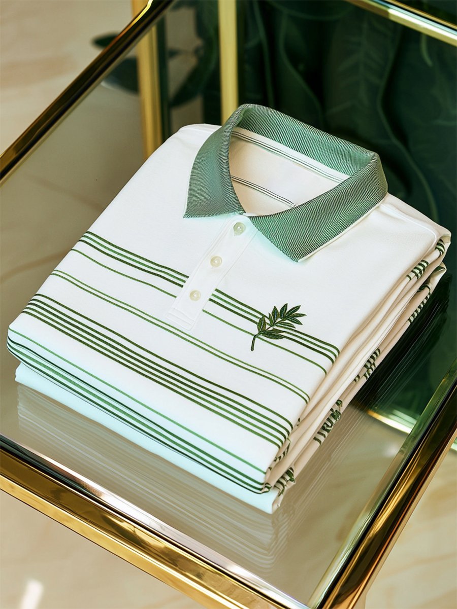 Men's Business Casual Striped Button Short Sleeve Polo Shirt