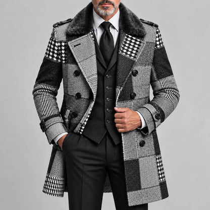 Men's Gray Colorblock Houndstooth Contrast Fluffy Collar Double-Breasted Business Casual Trench Coat