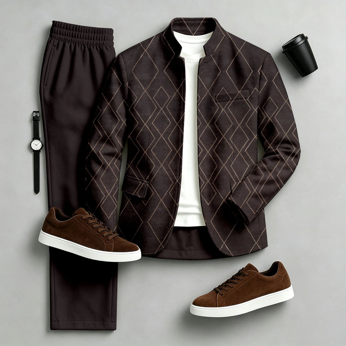 Men's Printed Stand-Collar Jacket and Pants Set