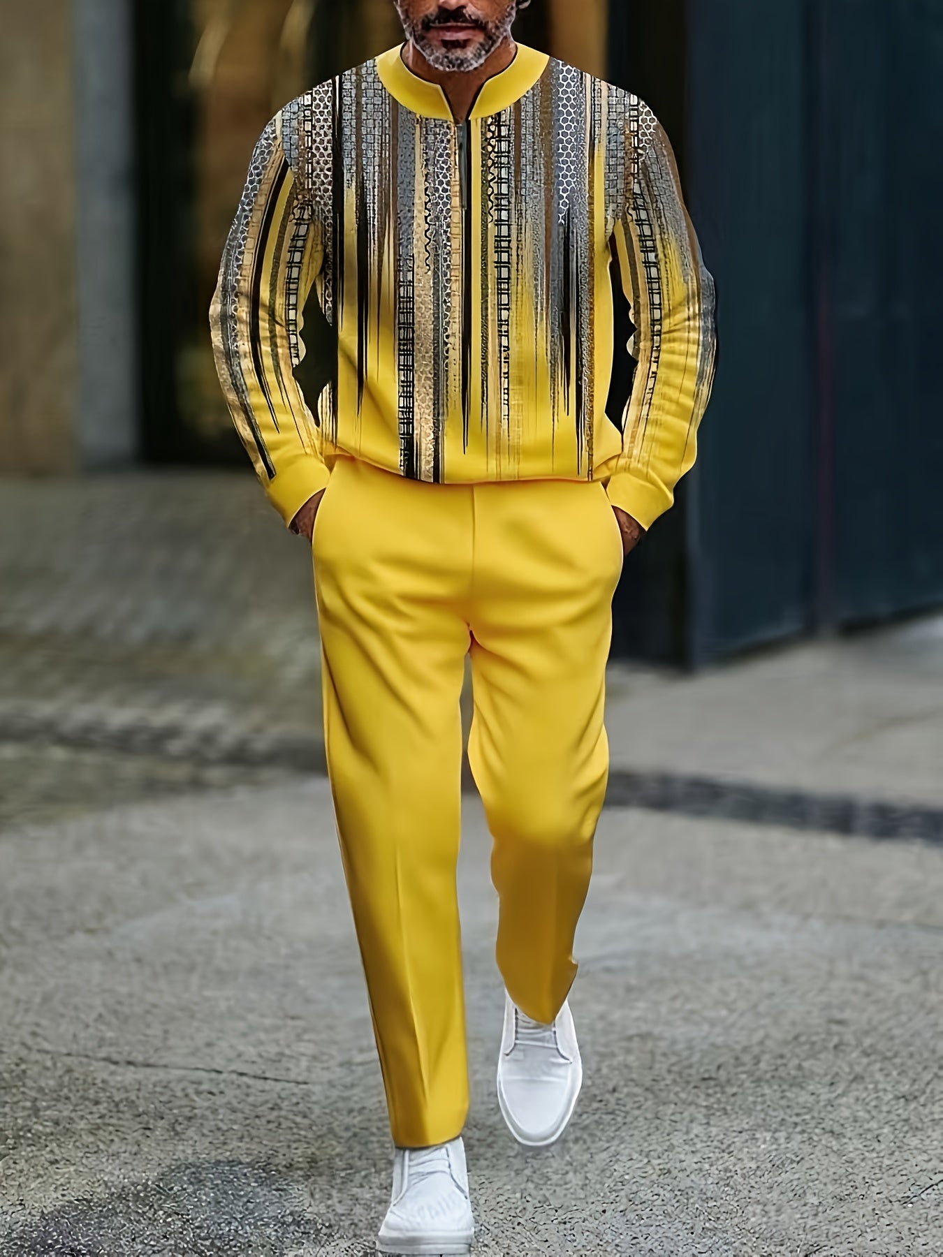 Men's Casual Color Matching Printed Round-Neck Zipper Long Sleeved Trousers Two-Piece Set