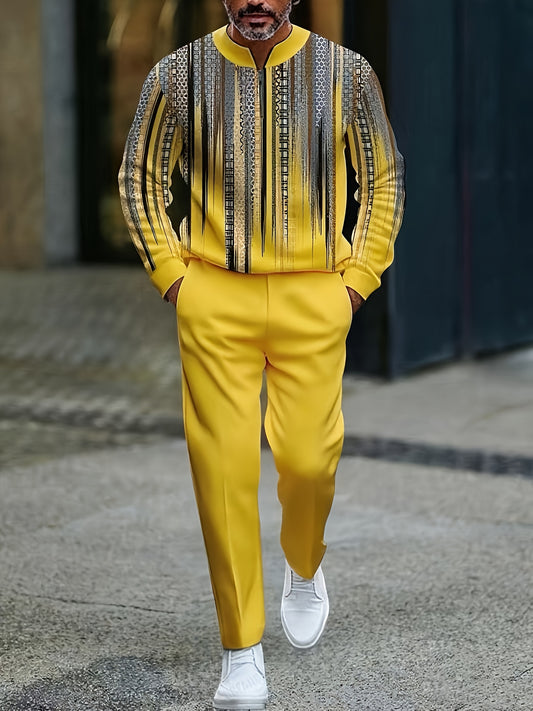 Men's Casual Color Matching Printed Round-Neck Zipper Long Sleeved Trousers Two-Piece Set
