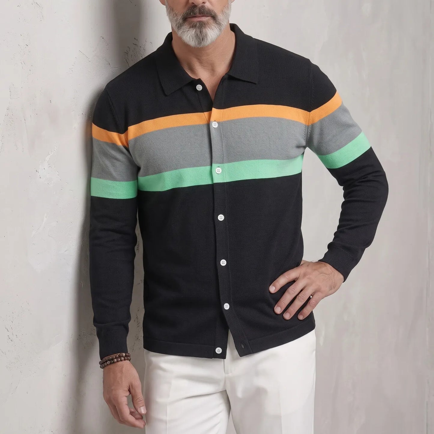 Men's Fashion Colorblock Striped Button-Up Slim Fit Long Sleeve Shirt