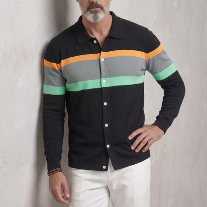Men's Fashion Colorblock Striped Button-Up Slim Fit Long Sleeve Shirt