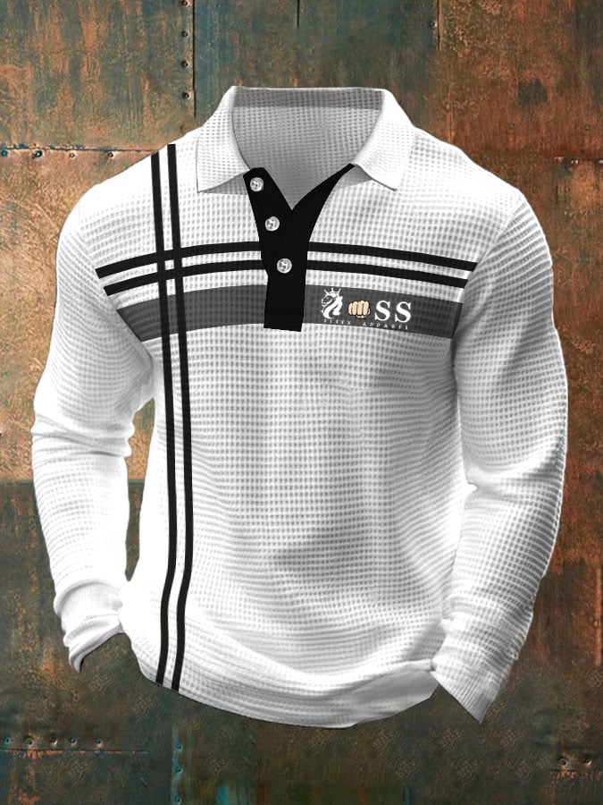 Men's Retro Lettering Design Waffle Fabric Long Sleeve Polo Shirt