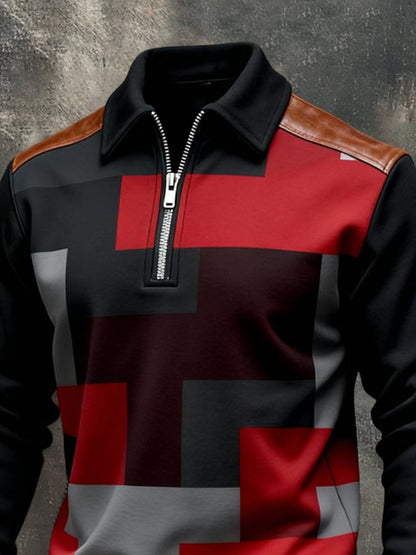 Men'S Vintage Color-Block Printed Zip-Up Sweatshirt
