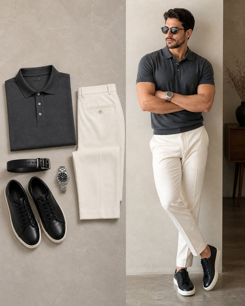 Men's Casual Dark Gray Color Short Sleeves Polo Shirt & Jeans Pants Two Piece Set