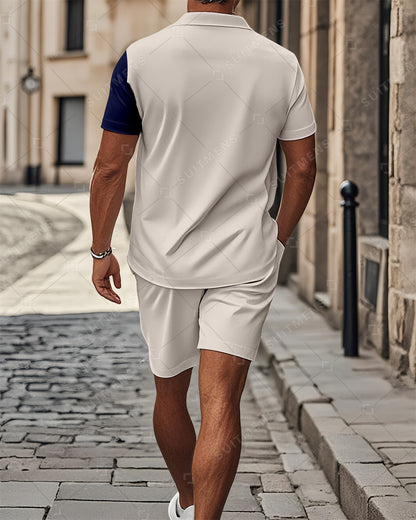 Men's Color Blocked Summer Polo Shorts Set 020