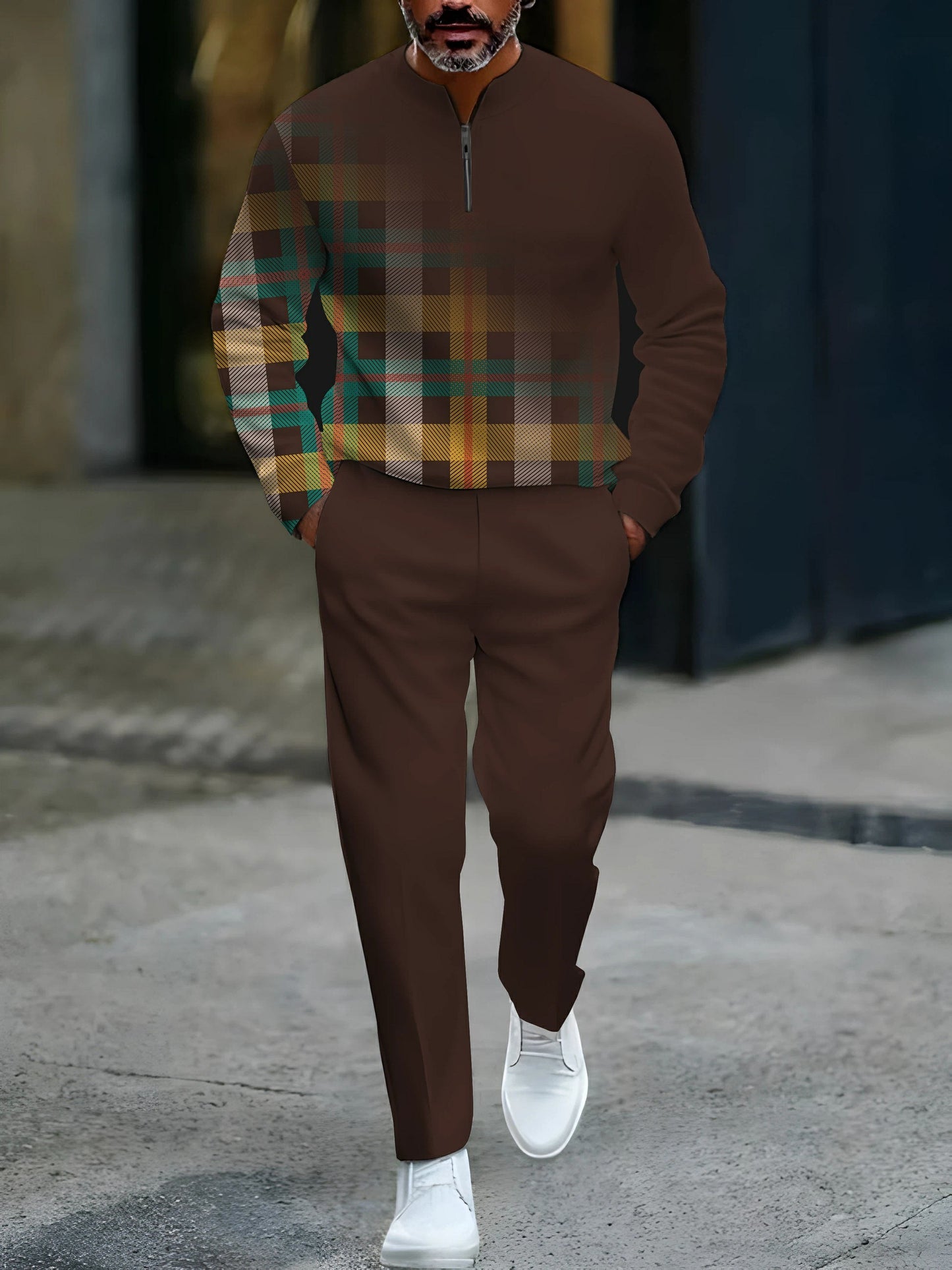 Men's Casual Coffee & Multicolored Gradient Checked Printed Round-Neck Zipper Long Sleeved Tops & Trousers Two-Piece Set