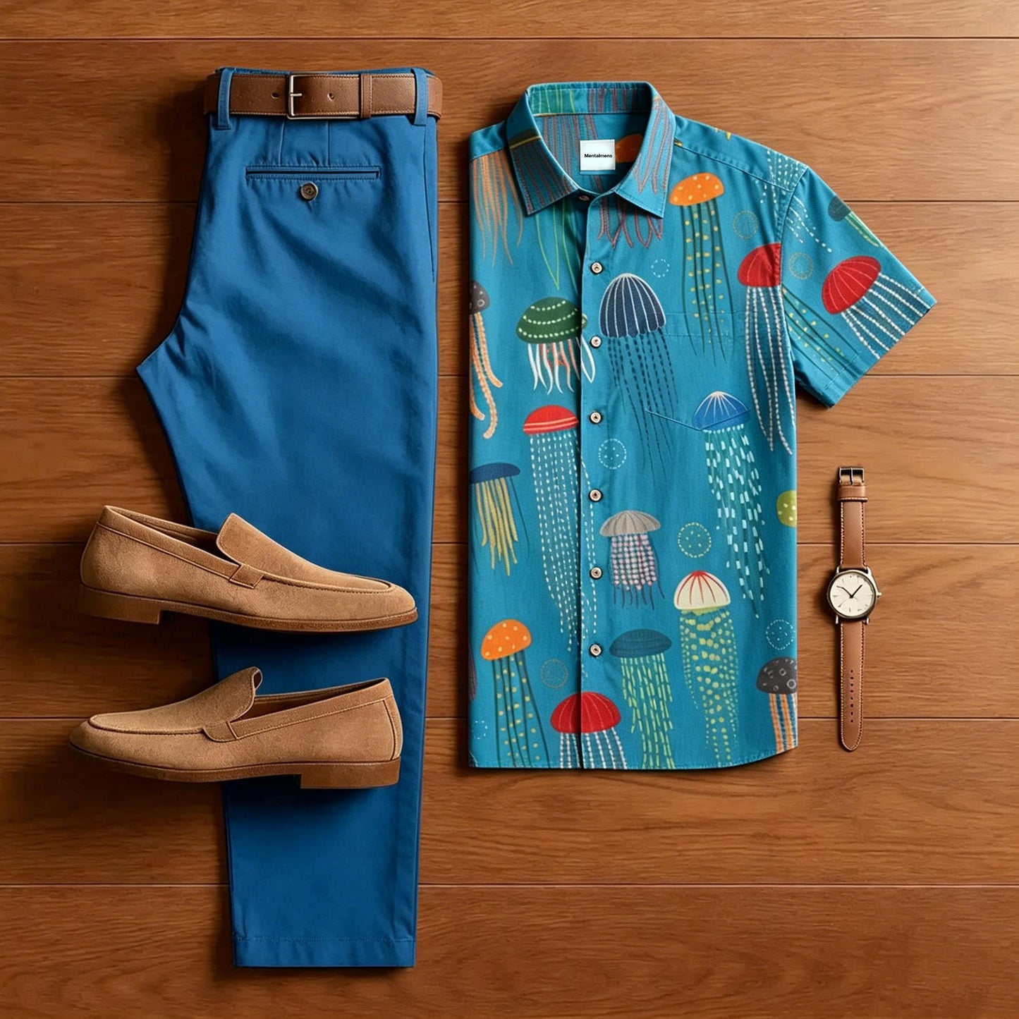 Men's Retro Style Colorful Jellyfish Print With Blue Polo Collar Shirt & Pants Two-Piece Set