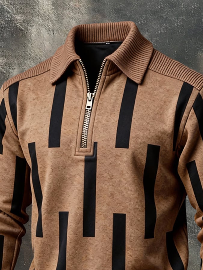 Men's Retro Color Block Print Color-Blocked Zip-Up Sweatshirt