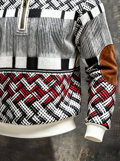 Men's Retro Color Block Print Color-Blocked Zip-Up Sweatshirt