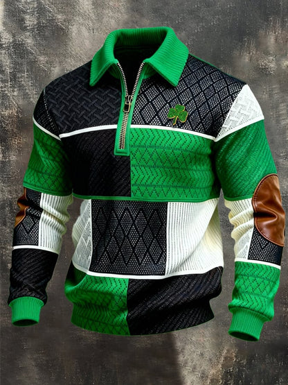 (Detachable Shamrock Brooch Included) Men's St. Patrick's Day Printed Color-Block Zip-Up Hoodie