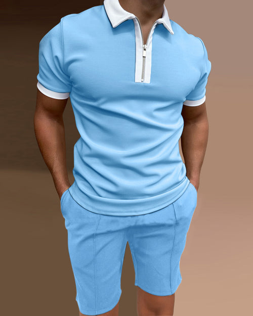 Men's polo shirt casual solid color two piece set