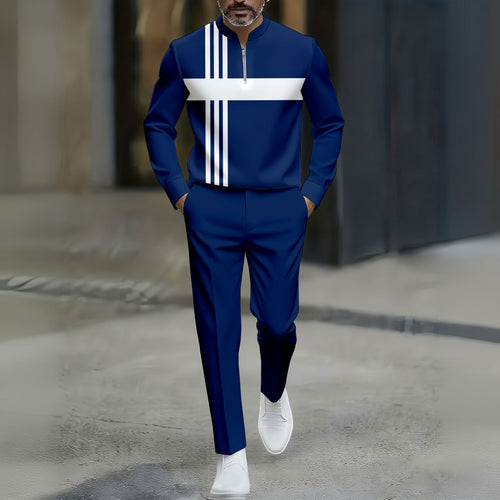 Men's Casual Navy Blue & White Color Matching Striped Printed Round-Neck Zipper Long Sleeved Trousers Two-Piece Set