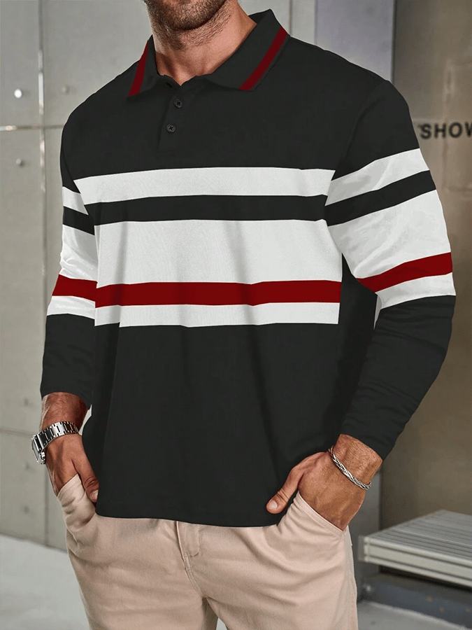 Men's Striped Business Casual Long Sleeve Polo Shirt