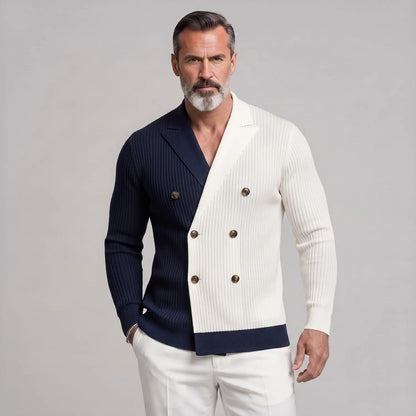Men's Colorblock Ribbed Knit Double-Breasted Lapel Collar Slim Fit Shirt