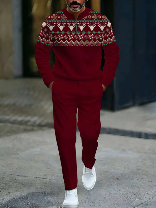 Men's Casual Maroon Color Matching Christmas Printed Round-Neck Zipper Long Sleeved Sweatshirt & Trousers Two-Piece Set