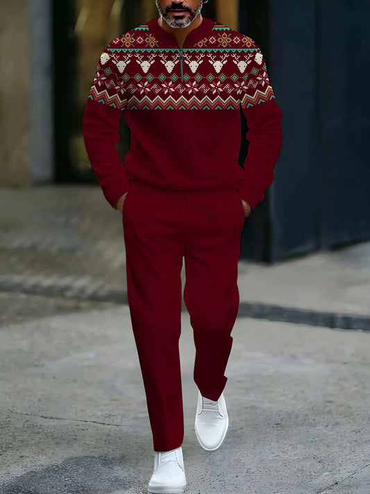 Men's Casual Maroon Color Matching Christmas Printed Round-Neck Zipper Long Sleeved Sweatshirt & Trousers Two-Piece Set