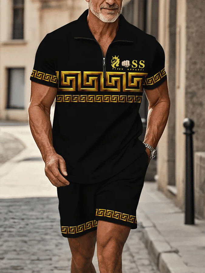 Men's Retro Letter Design Casual Business Short Sleeve Comfortable And Breathable Polo Shirt Suit