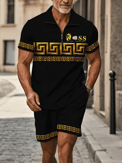 Men's Retro Letter Design Casual Business Short Sleeve Comfortable And Breathable Polo Shirt Suit