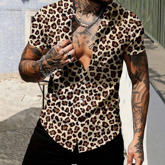 Men's Casual Light Brown Leopard-Print Short-Sleeve Shirt