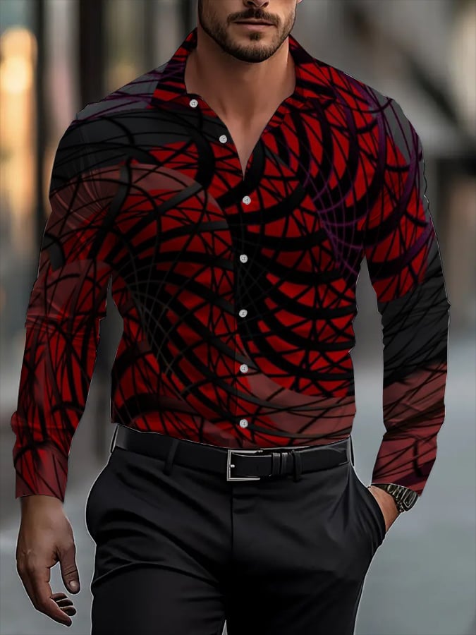 Men's Classic Business Plaid Stripe Print Long Sleeve Shirt