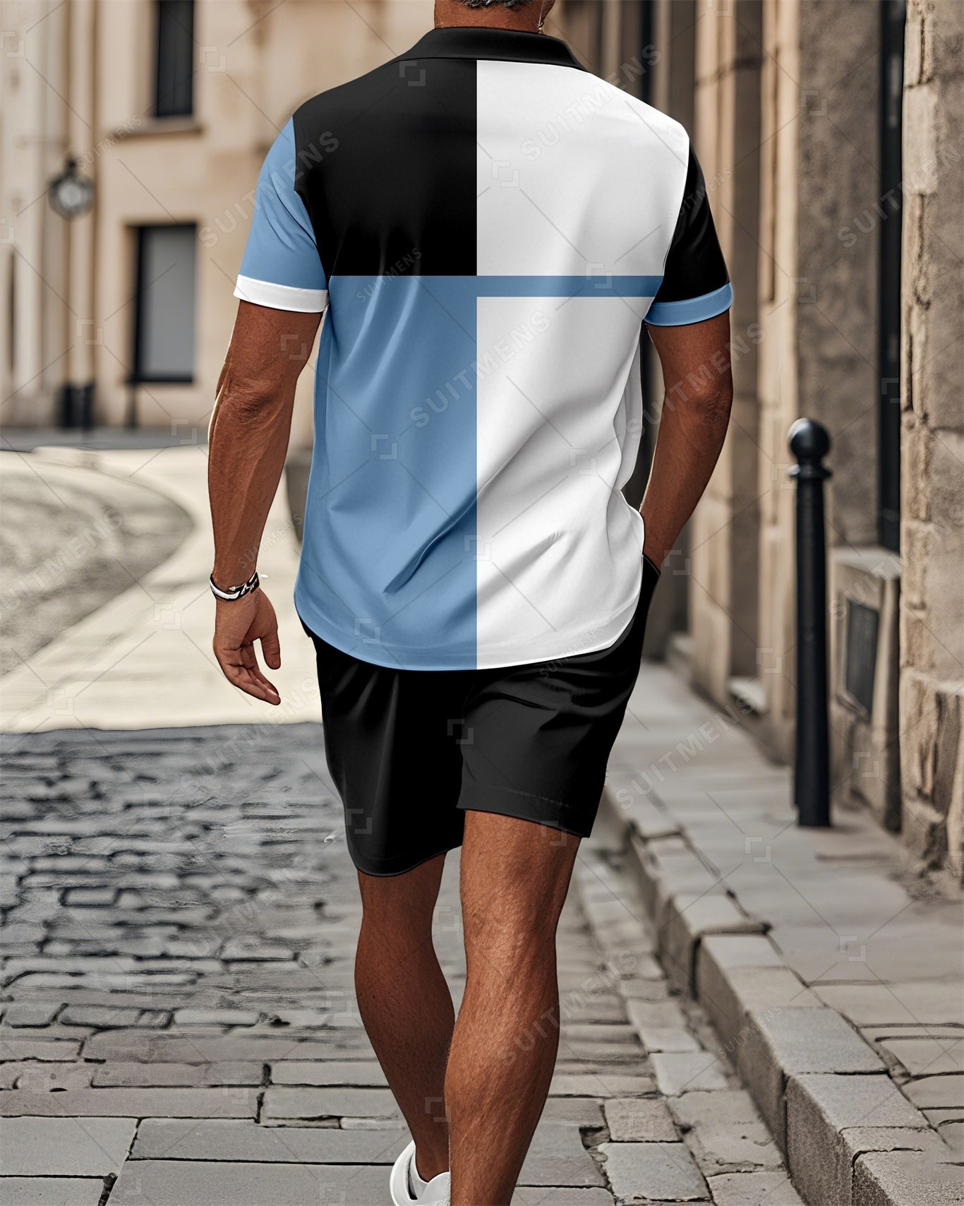 Men's Color Blocked Summer Polo Shorts Set 017
