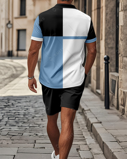 Men's Color Blocked Summer Polo Shorts Set 017