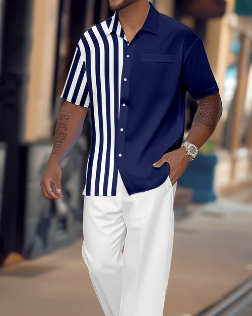 Men's Retro Colorblock Short Sleeve Shirt Walking Suit 1124